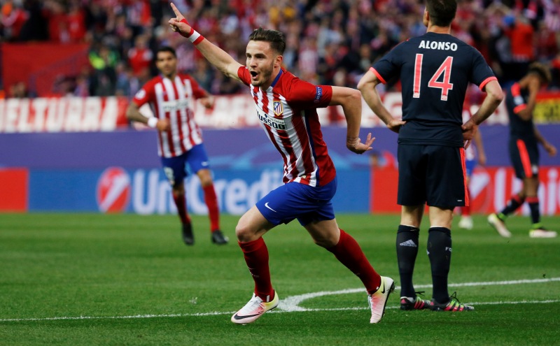 Football Soccer - Atletico Madrid v Bayern Munich - UEFA Champions League Semi Final First Leg - Vicente Calderon Stadium - 27/4/16 Saul Niguez celebrates scoring the first goal for Atletico Madrid Reuters / Sergio Perez Livepic EDITORIAL USE ONLY.